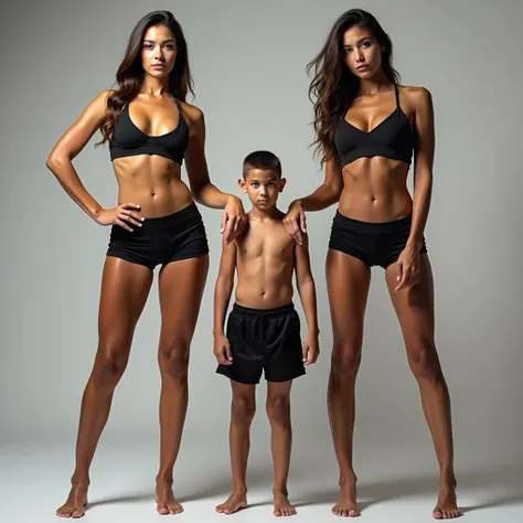 (Two Very Tall girls in the left and right, short man in the middle, the two girls are much taller than the man), girls are models, girls are ring girls, man is an mma fighters, girls are wearing black bras and shorts, man is shirtless and wearing black sh...