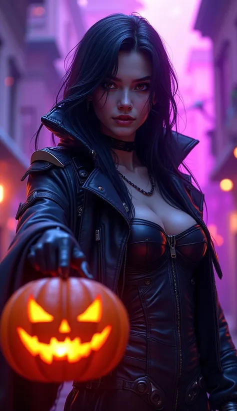  happy halloween , cyberpunk cyborg girl,(1 female),Pumpkin lantern,Dracula, Halloween Decorations  ,  transparent purple overlay ,photoRealistic,8k, More Information,masterpiece,( Best Quality,4K,8k,  high resolution ,masterpiece:1.2),super detailed,(Real...