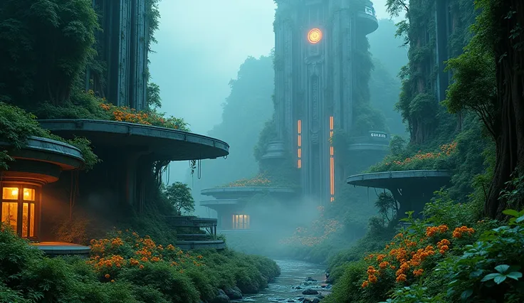 Imagine a forgotten, futuristic city hidden within a dense, bioluminescent forest. The citys structures are overgrown with neon-glowing plants that wrap around sleek, metallic buildings, creating a striking contrast between organic life and technology. Ali...