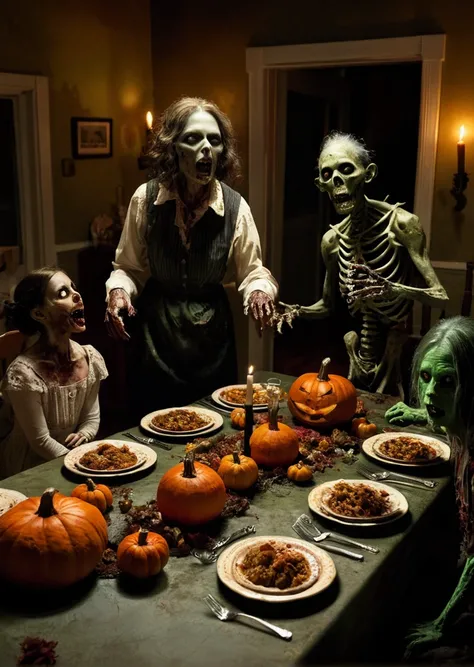 Photorealistic, cinematic still: A quirky, undead zombie family gathers around a spooky Halloween dinner table in a dimly lit, cobwebbed dining room. The parents and s, with ghoulish green skin, exposed bones, and tattered clothing, laugh and joke while se...