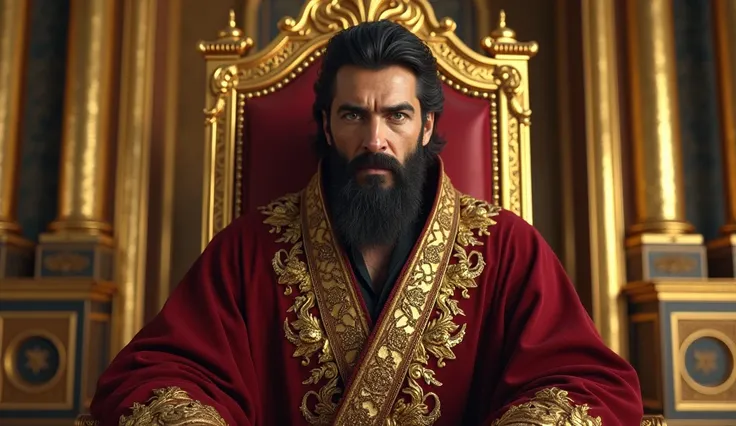 A grand palace interior filled with golden decorations, showcasing opulence and power. A middle-aged man with dark hair and a royal Persian beard sits on a lavish throne, wearing a richly adorned robe. His piercing green eyes reflect authority and command....