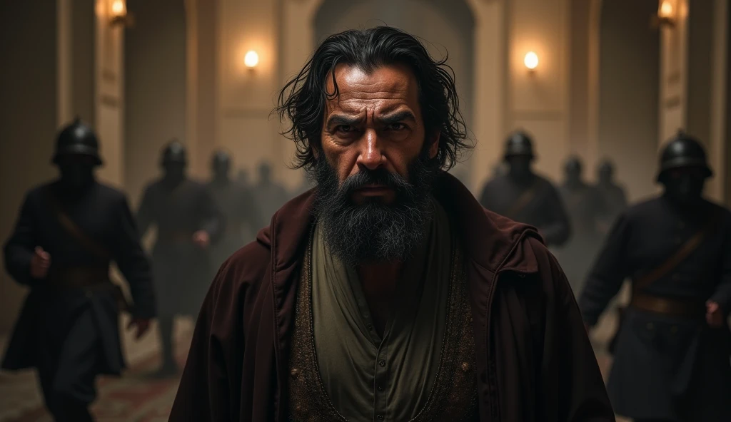 A middle-aged man of Persian origin , around 50 years old,  with a thick black beard and penetrating dark eyes ,  standing in a dark corner of the palace ,  with his face distorted in anger and despair .  The background shows a chaotic scene of guards runn...