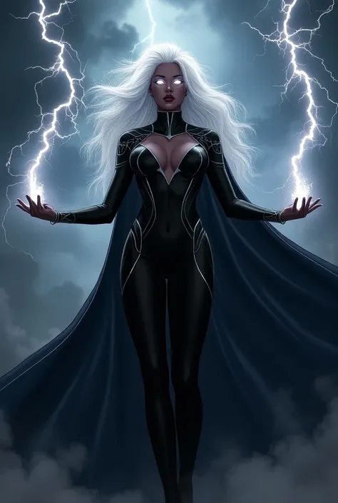 An electrifying image of DeWanda Wise as Storm, standing tall and regal in a sleek black suit with silver accents, a flowing cape, and lightning motifs across the fabric. Her hair is stark white, styled long and wild, with glowing white eyes that show her ...