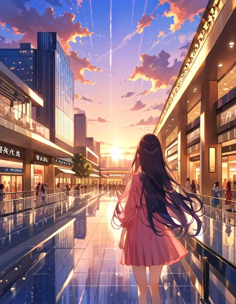 sunset, city, mall, Long Hair Girl