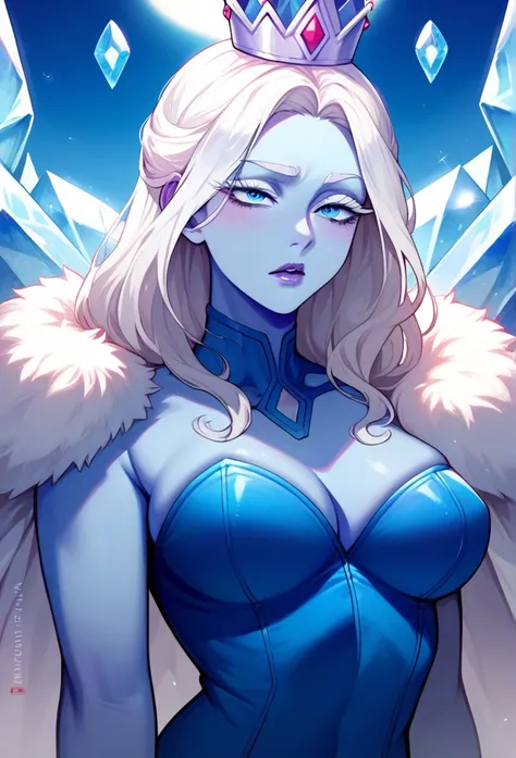 1 woman, blue skin, white hair, ,long hair, blue eyes, white eyelashes, white eyebrows, white eyebrows, ice queen, Blue bodysuit, 4k,Best quality, artwork, detailed, beautiful art,Anime style,