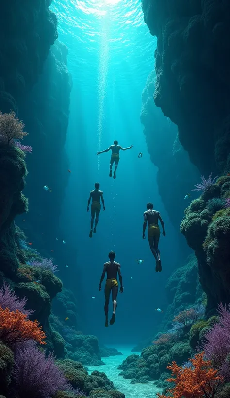 A groups of men in loincloths were diving and swimming underwater in deep dark oceans looking for a rare pearls. The oceans are full of glowing and shinning coral reef, schools of colourful fish, colourful underwater plants, the oceans bottoms cannot be se...