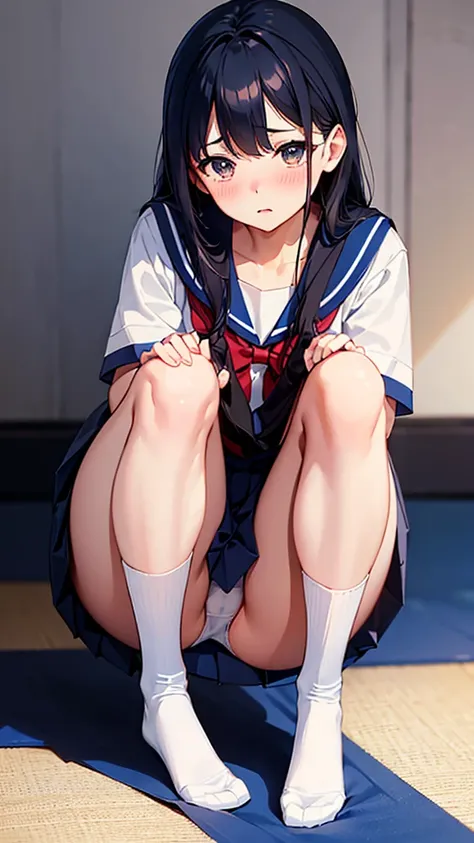 school uniform, sailor suit, traditional Japanese style with navy blue and white colors, detailed ribbon and pleated skirt,squatting, panties, throw,sitting, panties, from below, 1 Girl,  blush,  high resolution, Best Quality,  high definition model,  shor...