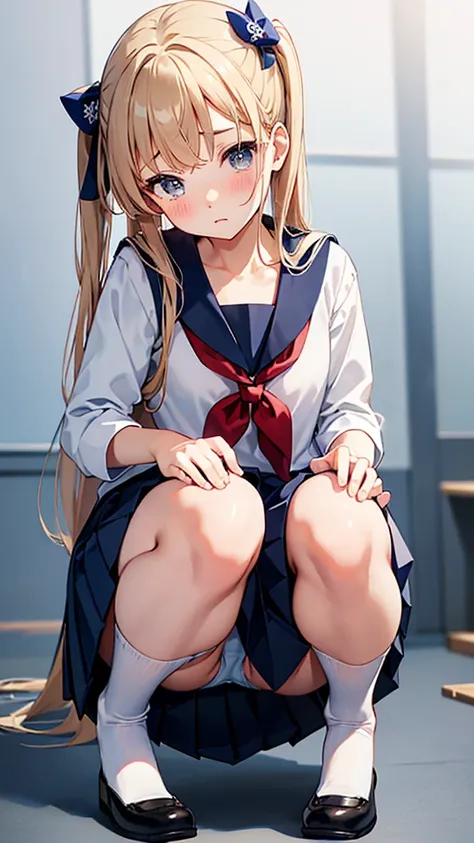 school uniform, sailor suit, traditional Japanese style with navy blue and white colors, detailed ribbon and pleated skirt,squatting, panties, throw,sitting, panties, from below, 1 Girl,  blush,  high resolution, Best Quality,  high definition model,  shor...