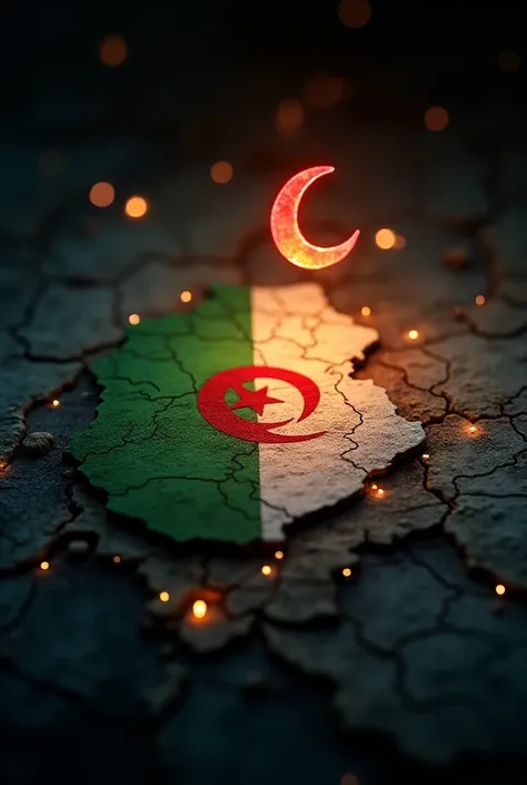 The map of Algeria illuminated by firelight 

The Algerian flag (green, white) and the Crescent Moon (5-pointed star) in red