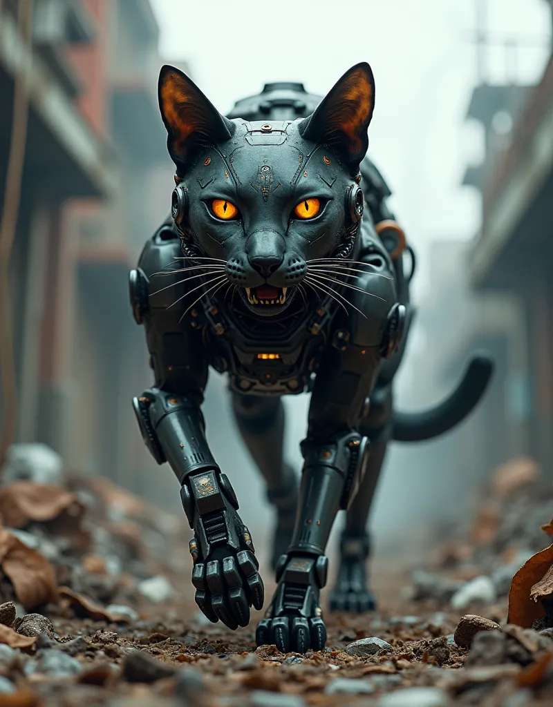 Cyberpunk,realism, a big cat is walking down the street against the background of the garbage dump( big cat-armored cyborg ,robo-cat,military-robo design, armored elements ,mechanisms, cyborg android in the shape of a cat ,)scary and frightening view ,close angle,фотоrealism.(terminator movie style)