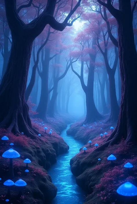 a magical forest with violet trees and blue mushrooms and river