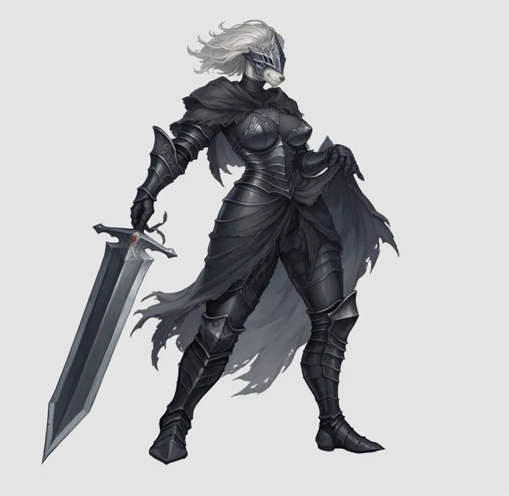 (masterpiece, anthro fantasy anime style, creative art), a close-up of a beautiful anthro warrior woman with a sword and armor, pale black armor, black armor, dark soul armor concept, dark souls knight, the dark souls knight, gothic knight, Dark Souls conc...