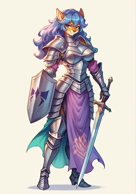 (masterpiece, anthro fantasy anime style, creative art), anthro fantasy anime style, creative art, beautiful image of a beautiful anthro woman in armor holding a sword and shield, female knight, of a beautiful female knight, girl in armor, beautiful female...