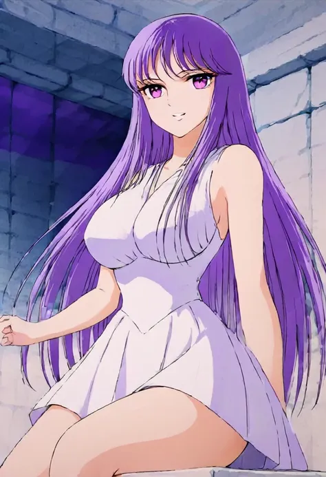 masterpiece , saori o ,  very short greek dress, you can see her legs ,  big breasts ,  small waist , cabello morado, purple eye...