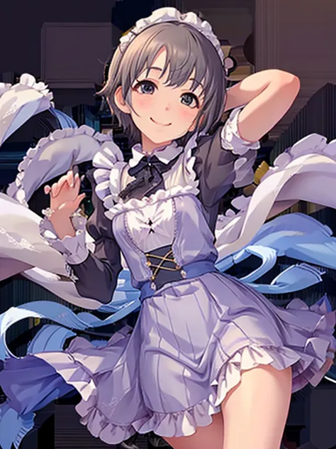 Best Quality、masterpiece、8k、 very detailed、Realistic、 look at me with a smile、whole body、、 short hair、 small face、slender、Slim and beautiful legs、 Narrow Tight Hips ,、 Victorian maid clothes