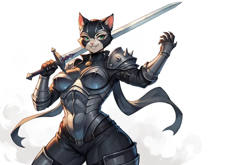 (masterpiece, anthro fantasy anime style, creative art), a drawing of a beautiful anthro woman in armor holding a sword, anthropomorphic catwoman, Cat Warrior, Commission for high resolution, with large sword, detailed fanart, dnd fantasy art, very beautif...