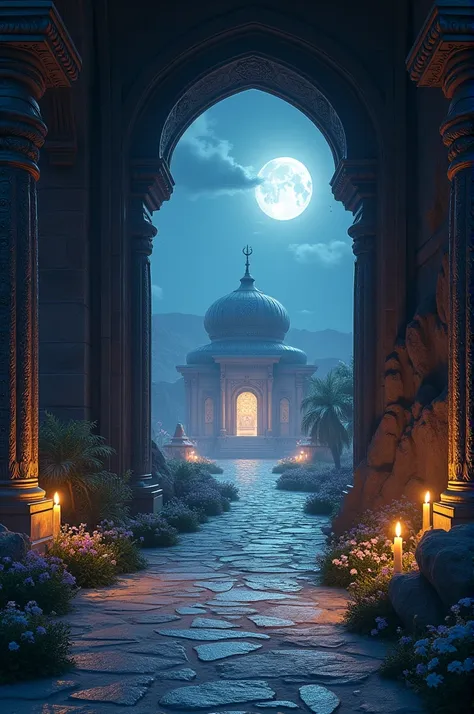 Create a video of a secret passage to a palace in the flowering desert and a magical night atmosphere