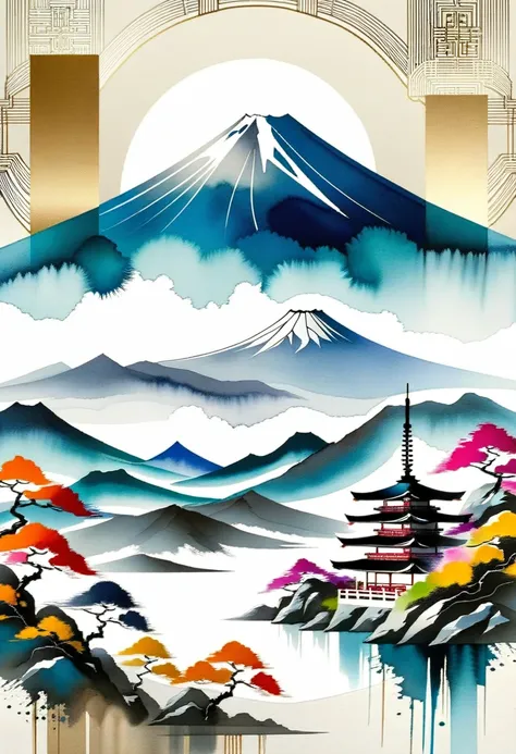 product packaging design: geometric abstract ink painting, depicting japan's mount fuji and its surroundings. this style is an a...