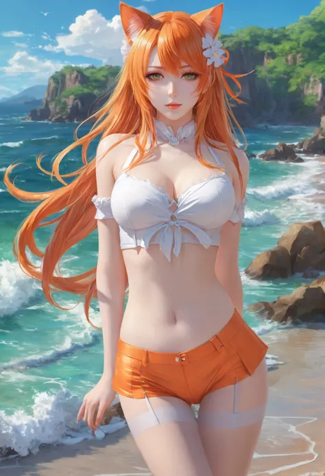 anime girl with long orange hair standing on beach near ocean, green eyes detailed digital anime art, cat ears, , anime girl wit...