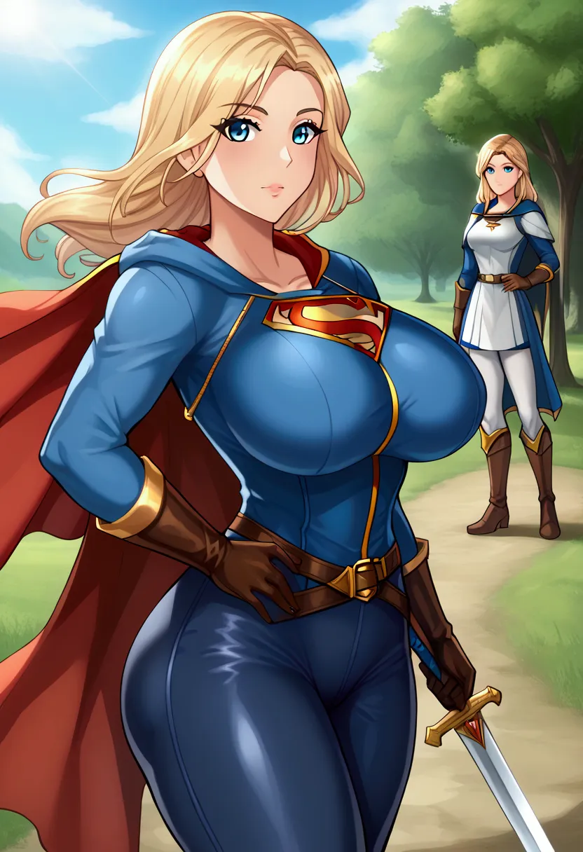 supergirl, anime, isekai, medieval,  big breasts , large waist, big butt,  lightweight tunic ,  tight pants ,  hooded cape , pal...