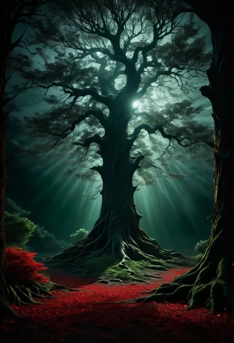 "A mysterious, moonlit scene with a tree standing at a slight distance from the viewer. The tree’s dark green leaves are shadowed, while its branches and smaller twigs glow softly in a luminous red, as if illuminated from within. Pale moonlight filters thr...