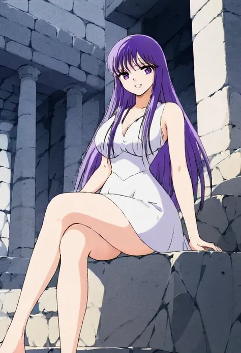 masterpiece , saori o , very short greek white dress, you can see her legs ,  big breasts ,  small waist , cabello morado, purpl...