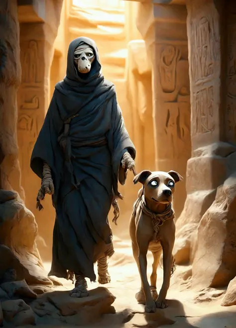 ((２d manga  , 2d,  2d illustration )), ( human mummy and quadrupedal dog's mummy , (dog:quadrupedal)), (the mummy man\ full body...