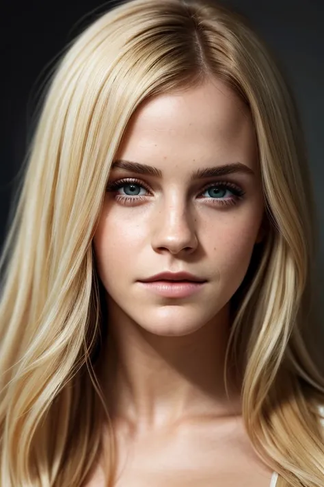 Face de Emma Watson,  a close up of a woman with long blond hair and green eyes, stunning digital painting, beautiful Blonde woman, stunning digital painting, beautiful blonde girl, gorgeous face portrait , beautiful digital art,   highly realistic digital...