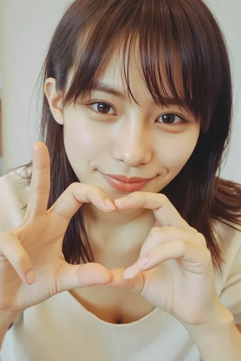 She is in a pose wearing a sexy camisole, making a firm big heart shape with both hands, and holding it in front of her chest, Cute smile up

