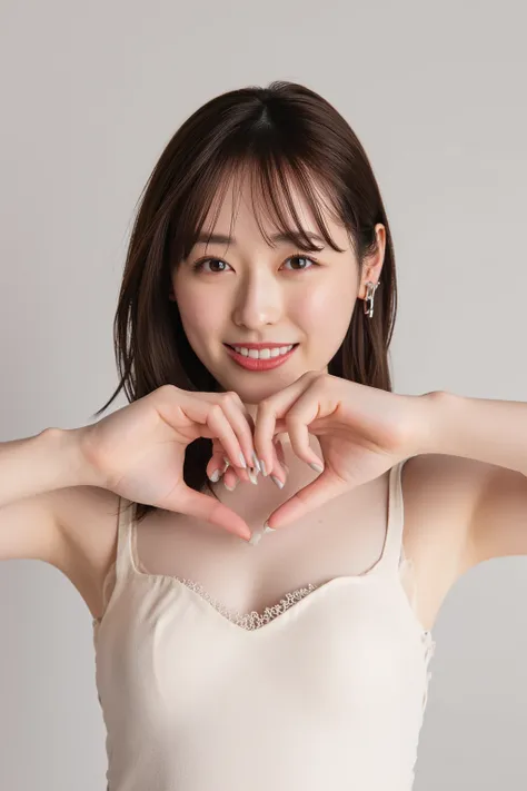 She is in a pose wearing a sexy camisole, making a firm big heart shape with both hands, and holding it in front of her chest, Cute smile up

