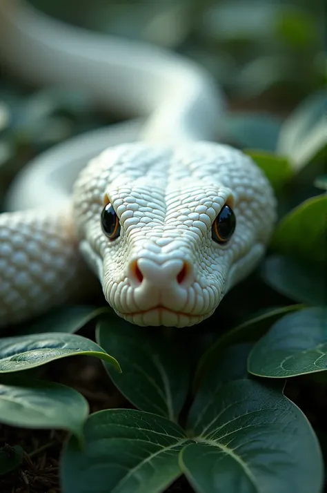 imaged including the fexture of the bi white snake nose and the individual leaves in the surrounding foliage, The overall atmosphere should convey a sense of wild beauty and natural power capturing the essense of this apex predatorb in its environment

So ...