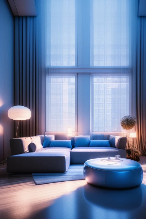 a dreamy apartment, white interior, blue hour, misty, foggy, hazy, wide shot, 80s aesthetic, detailed lighting, soft textures, p...