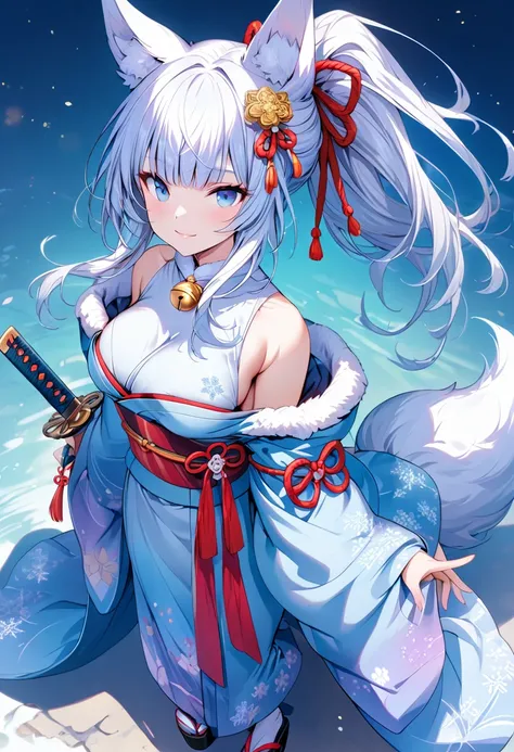 (masterpiece),(best quality),(ultra-detailed),(best illustration),(best shadow),(absurdres),(detailed background), 1girl, japanese-clothes, solo, kimono, long-hair, bell, fox-ears, breasts, sheath, ((blue-eyes)), hair-ornament, simple-background, cleavage,...