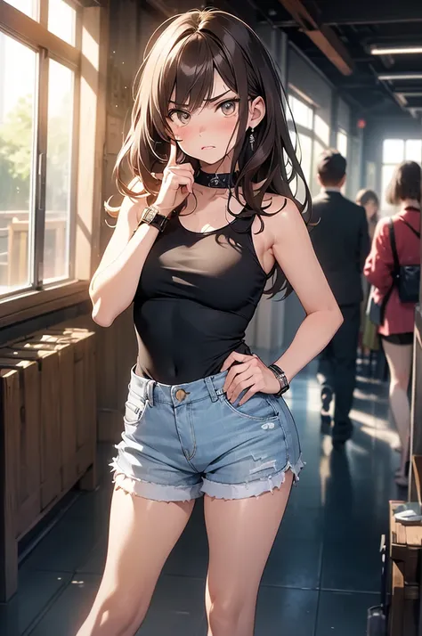 (masterpiece, best quality, ultra-detailed, highres, 4k),(beautiful detailed eyes),(very detailed face),(1girl),HDR,long hair, shorts, phone, brown eyes, brown hair, cellphone, bracelet, tank top, jewelry, watch, lips, solo focus, nail polish, blurry backg...