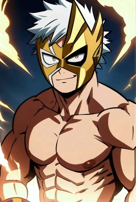 lucha libre pro hero, metallic golden mask, faceless, muscular, mha style, anime style, my hero academia, boku no hero academia,...