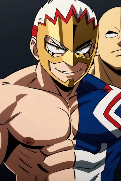 lucha libre pro hero, metallic golden mask, faceless, muscular, mha style, anime style, my hero academia, boku no hero academia,...