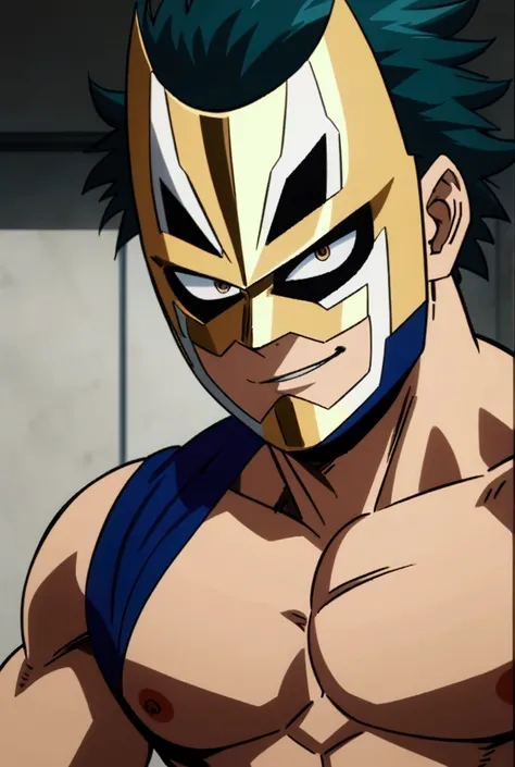 Lucha libre pro hero, metallic golden mask, faceless, muscular, MHA style, anime style, my hero academia, boku no hero academia, pro hero, shirtless, Smirk, 