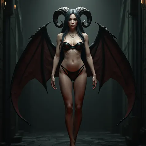 Full body photo.charming female goddess, clothing that barely covers the surrounding area.Realistic,Cinematic. 8 K .Let me see your thighs with your legs.Beautuful Women.like a devil,Bat wings grow.large full breasts.There are sheep&#39;s horns on the head...