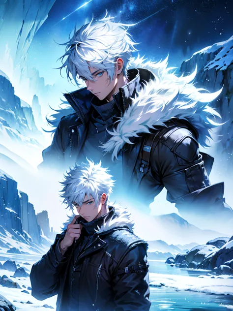 young man with a confident expression with spiky silver white hair , wearing a black jacket.  he is in a landscape of icy mounta...