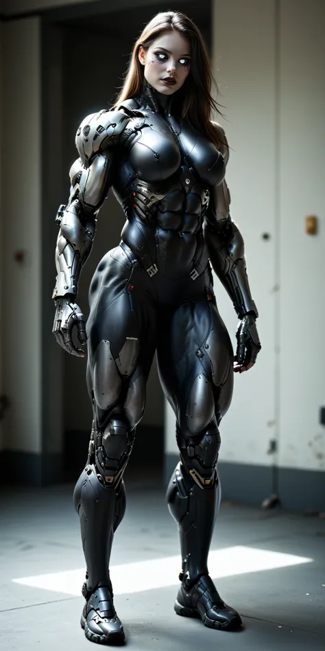 score_9, score_8_up, score_7_up, photo, photorealistic, Gorgeous sexy muscular (skinny) cyborg girl, (white eyes, black sclera:1.5), (full cyborg mechaExosuit:1.45), (black metallic cyborg arms, legs, thighs, & torso:1.75), goth makeup,  sinozick style, (s...