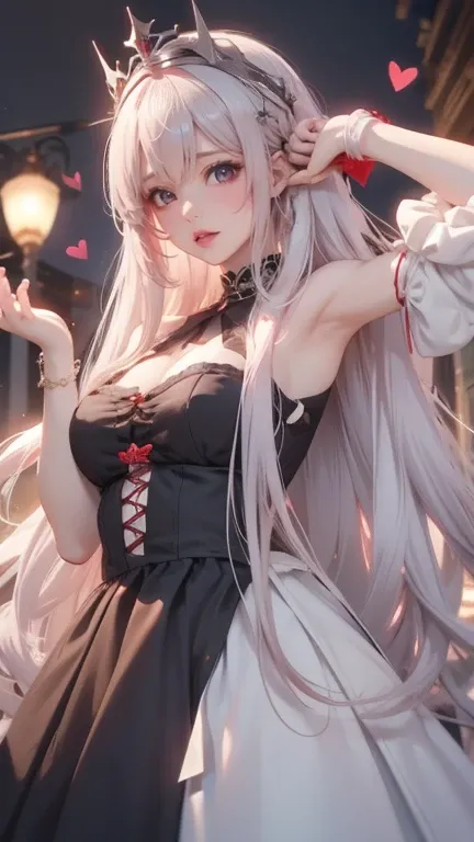   An anime character with long white hair and red eyes ,  instead of his elbow reaching straight to the height of his right hand she has One microphone ,  cleans a tear with her left hand ,  Her dress is gothic , has a guitar on his back and on his head he...