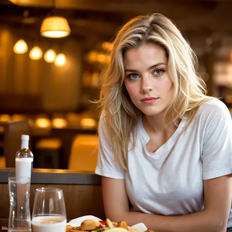 photographie, photo d'une belle femme de 25 ans, au long cheveux blond ondulé. en jean et t-shirt dans un restaurant. photo raw