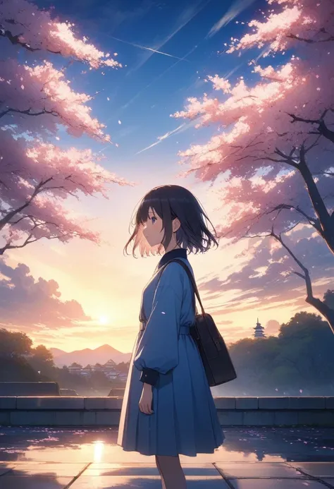 見上げる  girl シーン 1: shadow of cherry blossoms at dusk a  girl standing quietly with the sky behind her, shiny blue . 彼女の目の前にそびえ立つの...