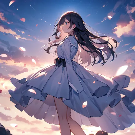 見上げる  girl シーン 1: shadow of cherry blossoms at dusk a  girl standing quietly with the sky behind her, shiny blue . 彼女の目の前にそびえ立つの...