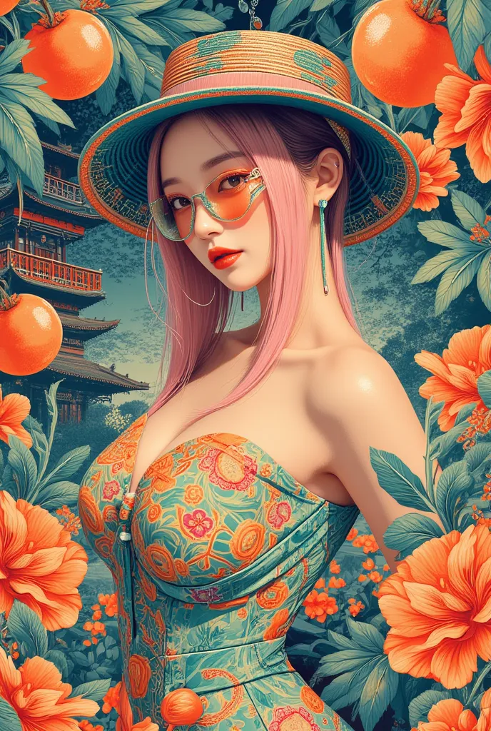 illustrated by Guo Chao style, poster design, in the style of psychedelic color schemes, hyper-detailed illustrations, 16k, a painting of a pagoda in the evening, in the style of graphic design-inspired illustrations, circular shapes detailed botanical ill...