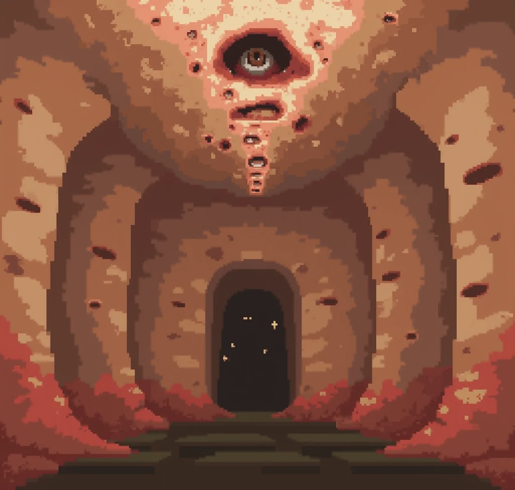 Pixel art style. The view of a ceiling made of flesh. ((walls made of sewn skin. Sewn face skin)). Imperfect symmetry. Terror, scary, dark ambience