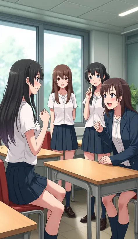 Five Japanese high school girls are having fun chatting in the classroom。Random hairstyle、 random expression、Random Face、Random body type