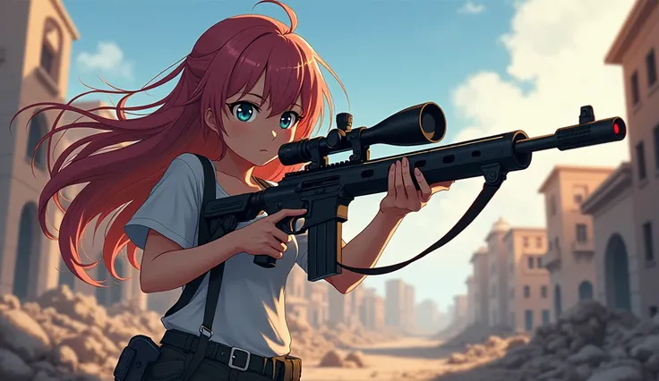 Long Hair,  1 Girl, solo, anime style
Fighting 、 holding a sniper gun
Disputed areas