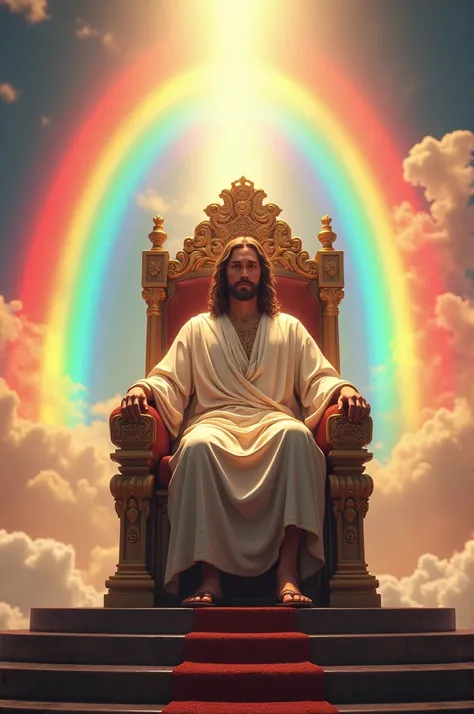 Jesus sitting on a high throne and a rainbow above him hyper realistic 4k 