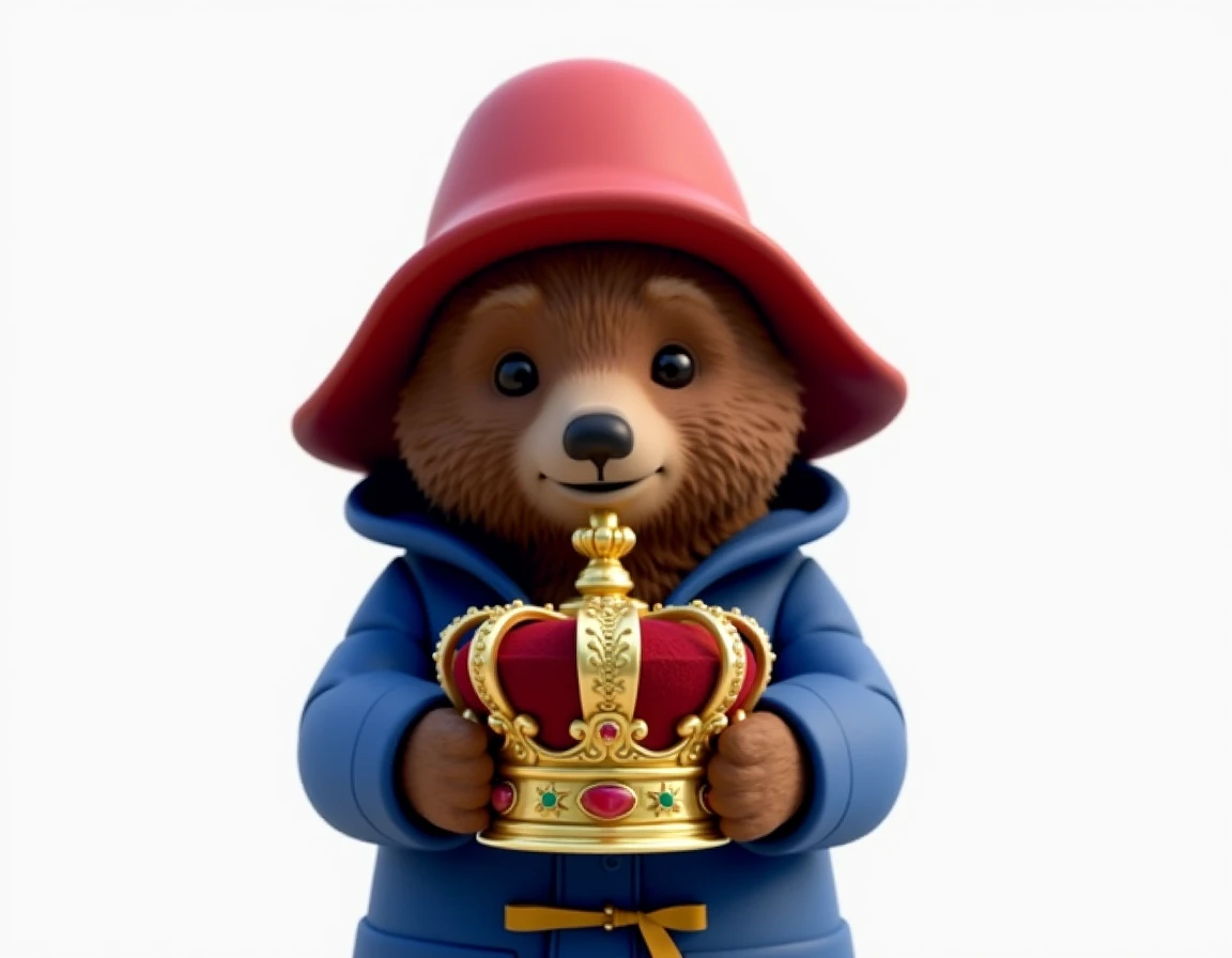  simple white background image ,  with Paddington Bears open hands holding a royal queens crown. realistic styled image /3D high definition 